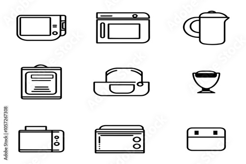 Minimalist Line Icons of Kitchen Appliances Including Microwave, Toaster, Coffee Maker, and Utensils.