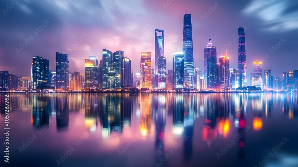 Vibrant city skyline reflecting on water at dusk with colorful lights. Vibrant city skyline reflecting on water at dusk with colorful lights.