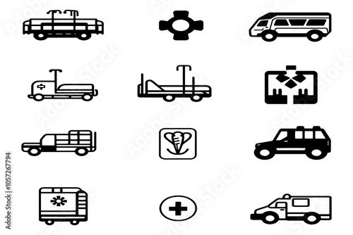 Set of Medical and Healthcare Icon Illustrations Featuring Ambulance, Bed, First Aid, and Hospital Symbols.
