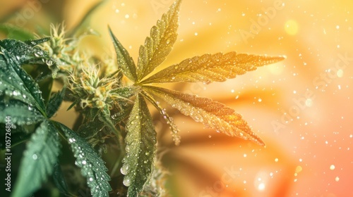 Close-up of various cannabis strains with dewdrops and pollen, against a muted, color photo