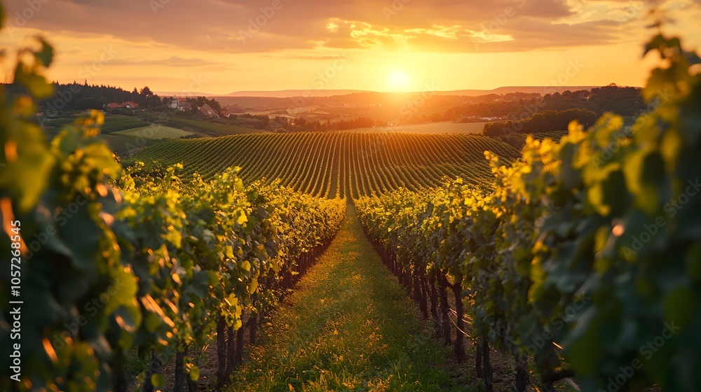 Fototapeta premium Sunset over lush vineyard rows, creating a serene and picturesque landscape.