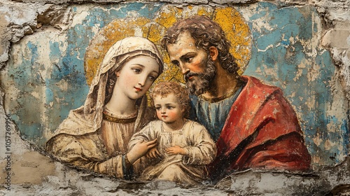 The image of the Holy Family, Jesus, Mary and Joseph in the form of an ancient fresco