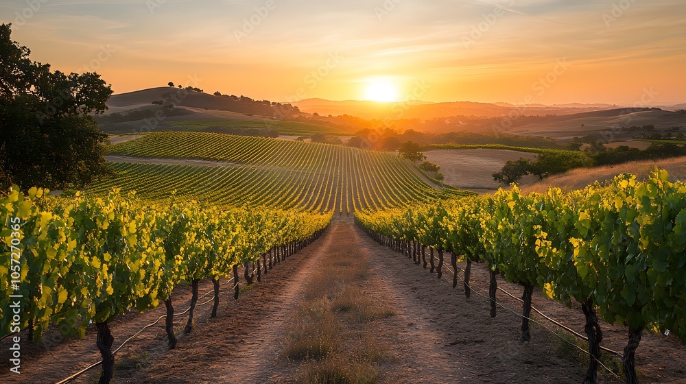 Fototapeta premium Stunning sunset over lush vineyard rows in a serene landscape.