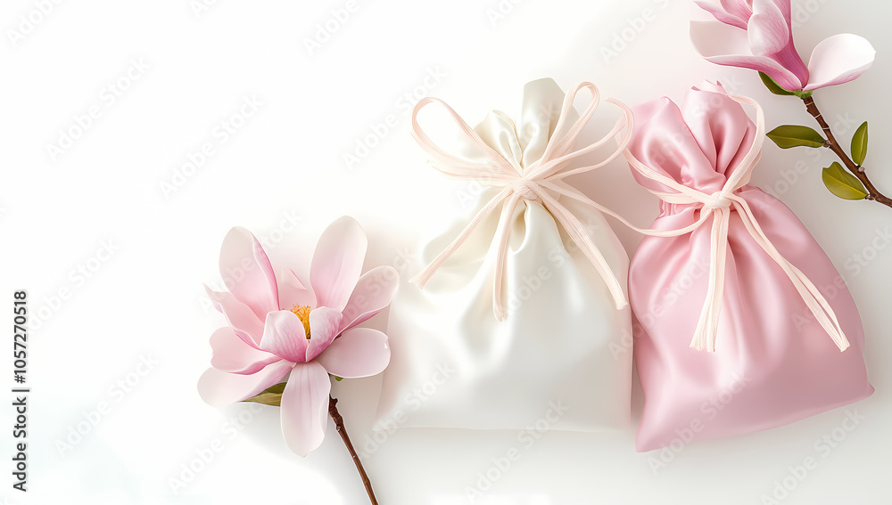 Elegant Korean traditional fabric-fashioned gift bags with pink and white colors, featuring magnolia flowers on the left side of the background, against a white studio background. H 4k, Generative AI. Elegant Korean traditional fabric-fashioned gift bags with pink and white colors, featuring magnolia flowers on the left side of the background, against a white studio background. H 4k, Generative AI.