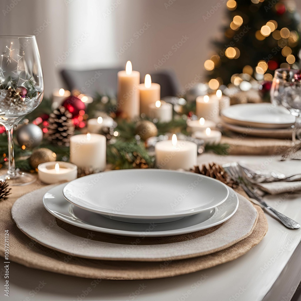 Empty plate in Christmas setting, Xmas dinner Empty plate in Christmas setting, Xmas dinner