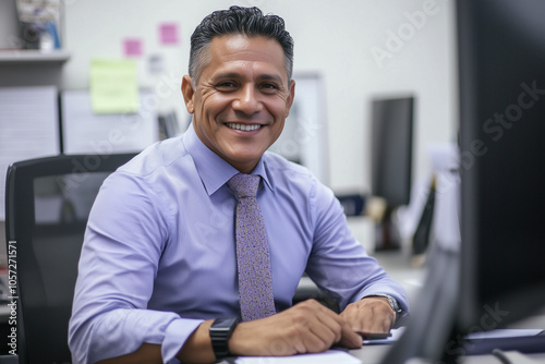Middle-aged Hispanic businessman sitting in office space 