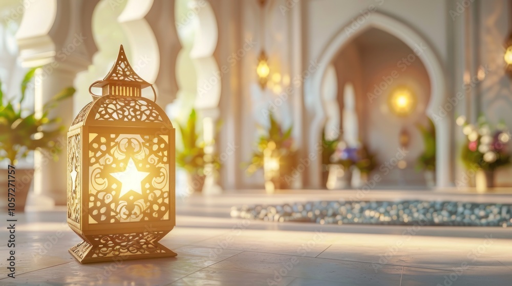 Ornate golden lantern in a light-filled, white mosque-like interior. Ornate golden lantern in a light-filled, white mosque-like interior.