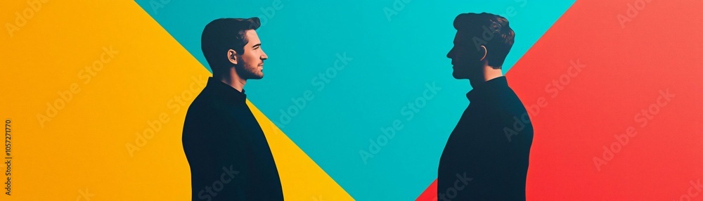 Two men facing each other against bold geometric backgrounds, exploring themes of contrast and connection.