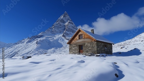 A small stone cabin sits under a clear blue sky, surrounded by snow with a mountain peak nearby