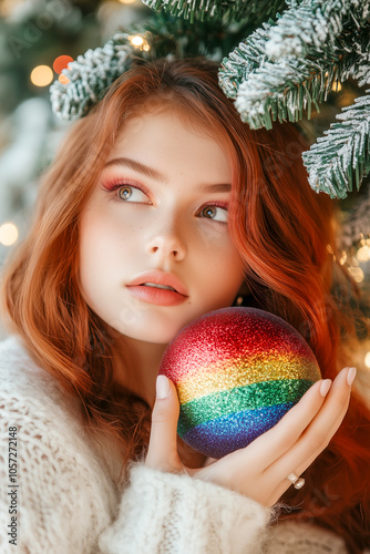 Young woman by the Christmas tree, holding a Christmas ball with rainbow colors.
