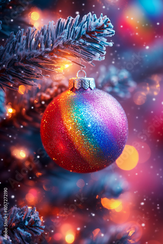 Christmas tree closeup on rainbow glitter ball.
