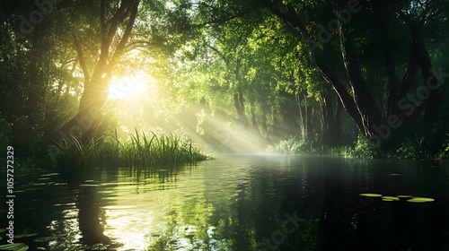 Serene forest landscape with sunlight streaming through lush green trees.