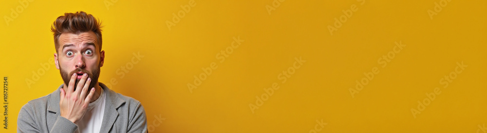 Surprised man with shocked expression covering mouth against yellow background with copy space