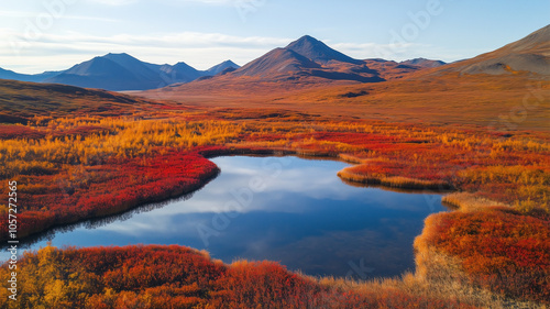 秋の湖と紅葉の風景