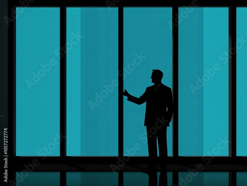 A silhouette of a businessman standing by large modern windows, gazing thoughtfully at the cityscape outside.