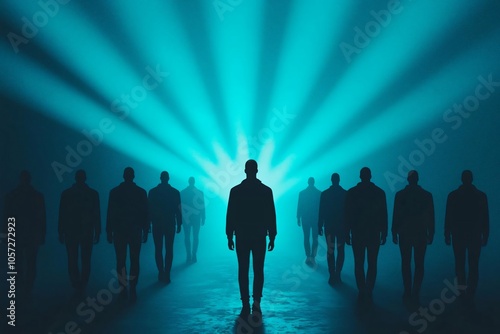 A silhouette of a person stands out against a backdrop of mysterious figures and luminous rays, creating an enigmatic atmosphere.