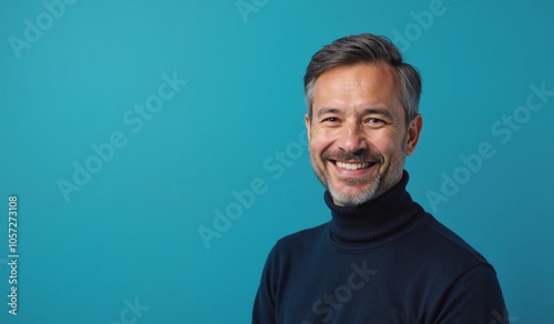 Mature Man Smiling Confidently Against Turquoise Background with Copy Space