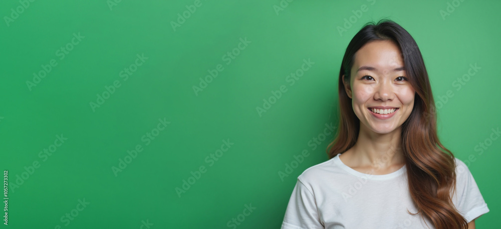 Asian woman smiling cheerfully against green background with copy space Asian woman smiling cheerfully against green background with copy space