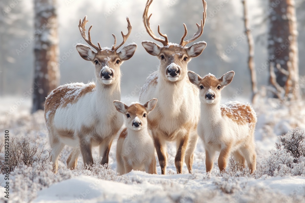 Christmas Card Featuring Reindeer Family, Snow-Dusted Trees in a Peaceful Scene, Perfect Holiday Image for Your Festive Greetings, Inspiring Winter Wonderland Vibes and Much More