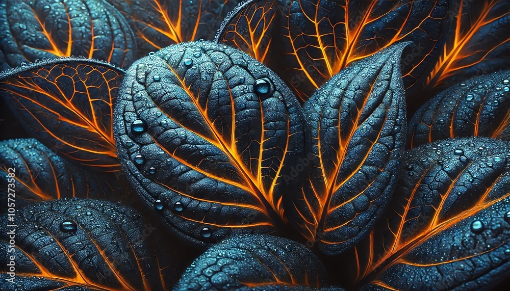Fototapeta premium Dark blue leaves with vibrant yellow-orange accents