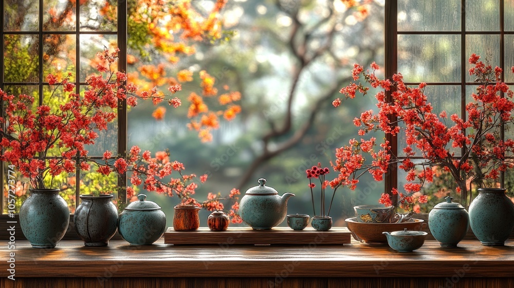 Fototapeta premium Serene tea setup with blooming flowers by a window.
