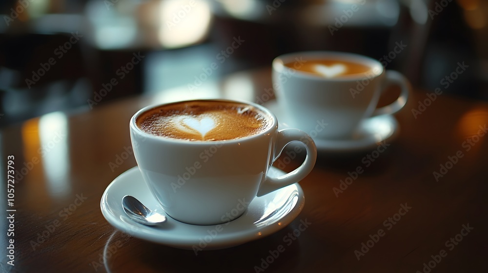 Two white coffee cups with heart-shaped latte art on a wooden table. Two white coffee cups with heart-shaped latte art on a wooden table.