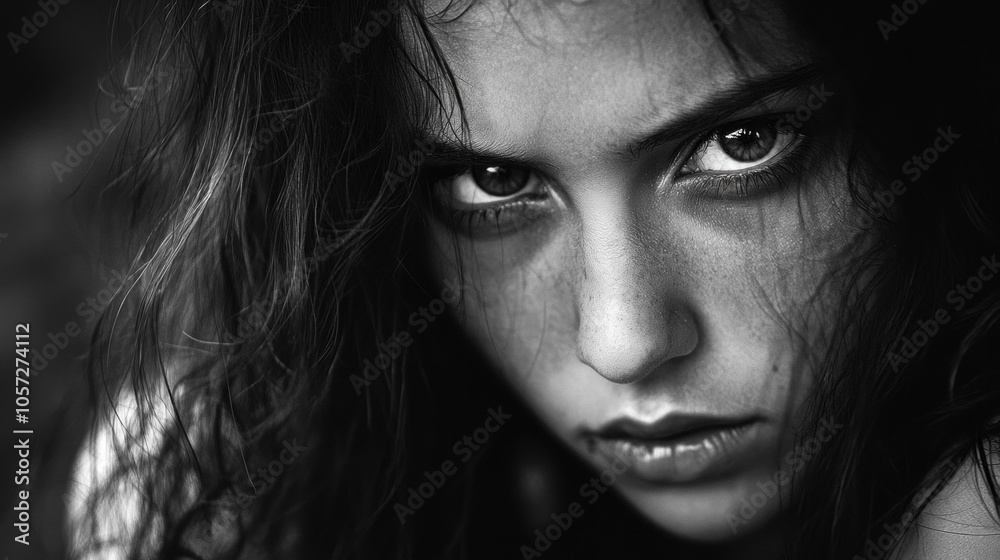 A close-up of a woman with intense gaze, framed by dark curls, captured in a moment of contemplation during twilight hours A close-up of a woman with intense gaze, framed by dark curls, captured in a moment of contemplation during twilight hours