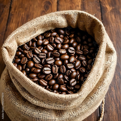 Coffee beans in burlap sack on wooden surface