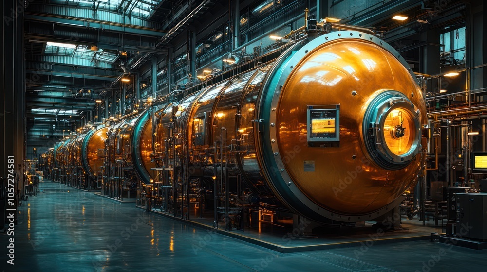 A row of large, copper-colored cylindrical tanks in a modern industrial facility. A row of large, copper-colored cylindrical tanks in a modern industrial facility.