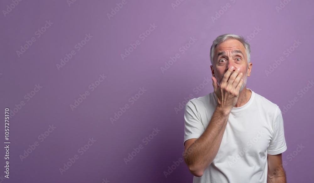 Senior man with shocked expression covering mouth against purple background with copy space Senior man with shocked expression covering mouth against purple background with copy space
