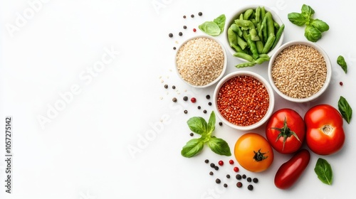 A vibrant assortment of fresh vegetables and grains arranged artfully, Ideal for illustrating healthy eating, culinary themes, or organic food promotions in blogs, magazines, or advertisements, photo