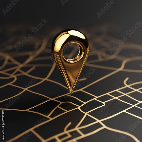 A shiny golden location pin above a stylized map background.