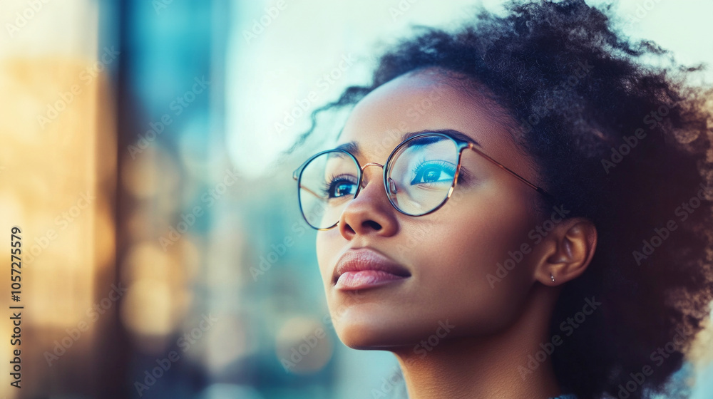 A young woman gazes thoughtfully towards the skyline while wearing stylish glasses in a bustling urban environment during sunset A young woman gazes thoughtfully towards the skyline while wearing stylish glasses in a bustling urban environment during sunset