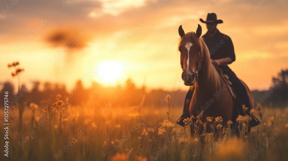 A serene sunset captures a cowboy riding a horse through a golden field, This image can be used in themes of nature, adventure, and the cowboy lifestyle A serene sunset captures a cowboy riding a horse through a golden field, This image can be used in themes of nature, adventure, and the cowboy lifestyle