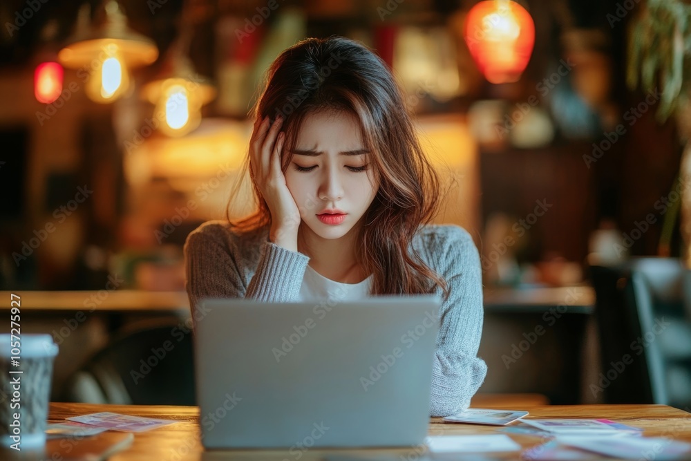 stressed young asian woman trying to find money to pay credit card deb, Generative AI stressed young asian woman trying to find money to pay credit card deb, Generative AI