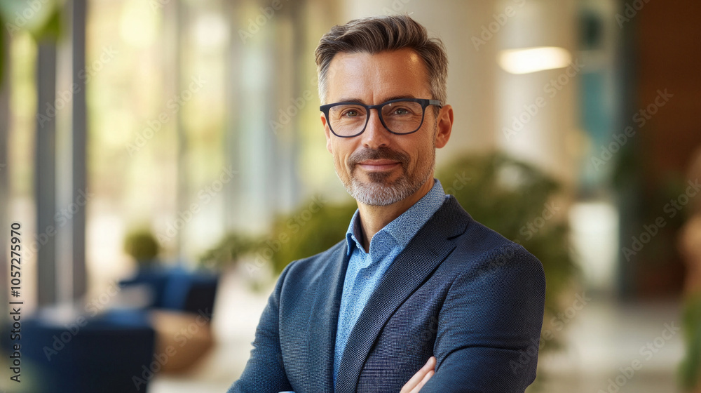 Fototapeta premium Professional man standing confidently in a modern office with bright natural light, showcasing a relaxed yet assertive demeanor during daytime