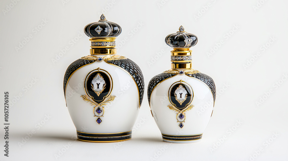 Obraz premium Elegant luxury perfume bottles adorned with intricate detailing. Sophisticated fragrance packaging showcasing timeless beauty and refined opulence Brainstorming Advertising Marketing
