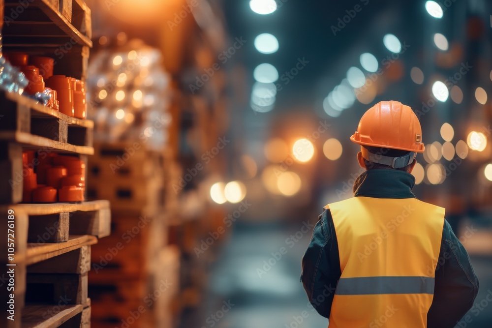 A safety-conscious worker in a hard hat and reflective vest stands in a warehouse, surrounded by shelves of supplies, This image is ideal for articles about workplace safety, industry, or logistics, A safety-conscious worker in a hard hat and reflective vest stands in a warehouse, surrounded by shelves of supplies, This image is ideal for articles about workplace safety, industry, or logistics,