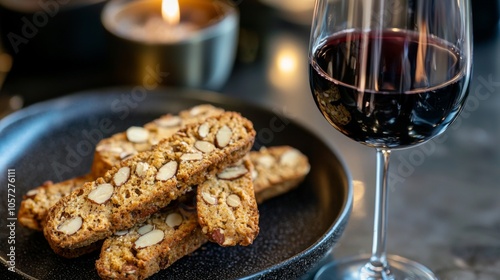 Almond biscotti served with a glass of Vin Santo wine, traditional Tuscan dessert pairing photo