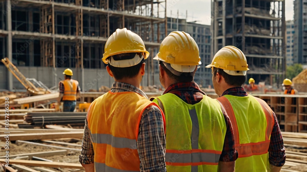 Urban Construction site workers in vests, hard hats, scaffolding V2 Urban Construction site workers in vests, hard hats, scaffolding V2