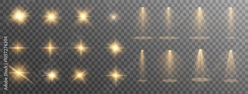 Yellow light effects. Beam from a spotlight and a star. Gold Shine, glow, white. Glowing abstract isolated light effects lens. Lens flash, explosion, spark.