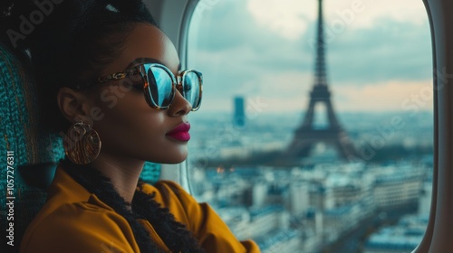 Glamorous Black woman traveling to Paris, sitting by the airplane window, Parisian photo