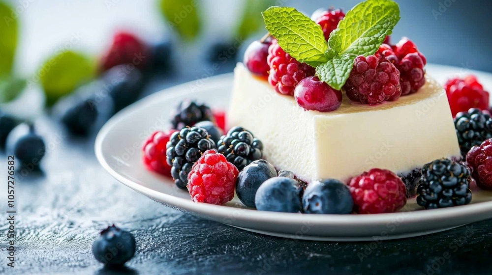 Slice of Italian panna cotta topped with fresh berries and a mint sprig on a white ceramic plate Slice of Italian panna cotta topped with fresh berries and a mint sprig on a white ceramic plate