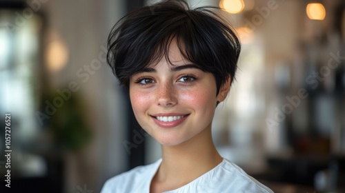 Short-haired young woman smiling warmly in indoor setting, stylish short haircut, cozy and inviting atmosphere, friendly expression, modern background, approachable and confident portrait photo