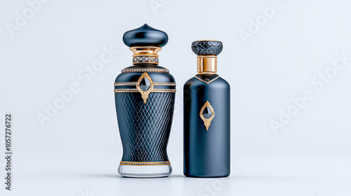 Elegant luxury perfume bottles adorned with intricate  detailing. Sophisticated fragrance packaging showcasing timeless beauty and refined opulence Brainstorming Advertising Marketing photo