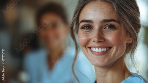 Close-up of smiling female healthcare worker in blue scrubs, cheerful expression, hospital setting, compassionate nurse, patient care, warm atmosphere, medical professional portrait 