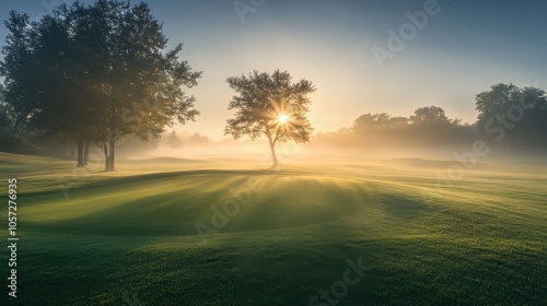 Golf course at dawn, with the fog lifting and the sun breaking through