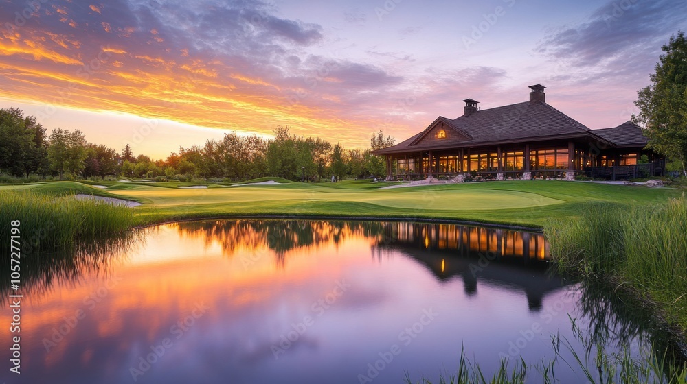Golf course clubhouse with a view of the course, lit by the warm glow of sunset Golf course clubhouse with a view of the course, lit by the warm glow of sunset