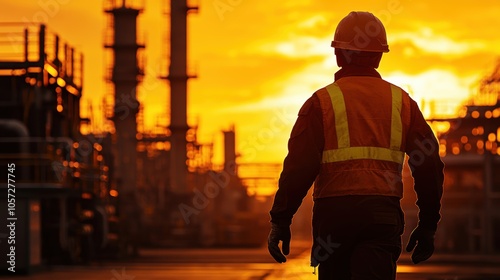 Silhouette of a male worker in safety gear against a sunset at an industrial site.