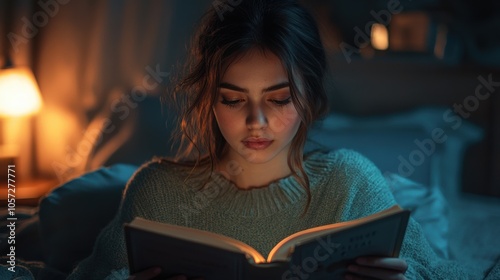 Young woman reading book in bed at night, cozy warm lighting, peaceful atmosphere, bedtime relaxation, soft focus, home comfort, quiet evening, serene and focused, calm moment photo